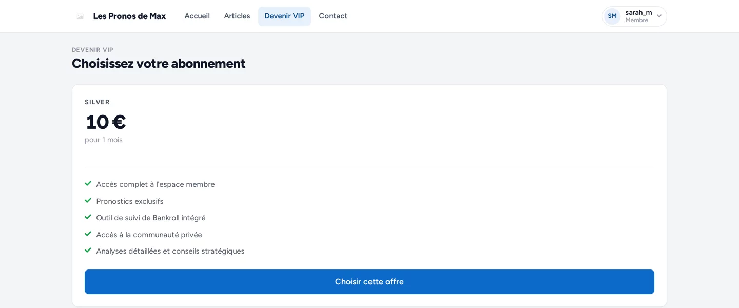 Page de choix de l'abonnement VIP sur un site de pronostics Typsa