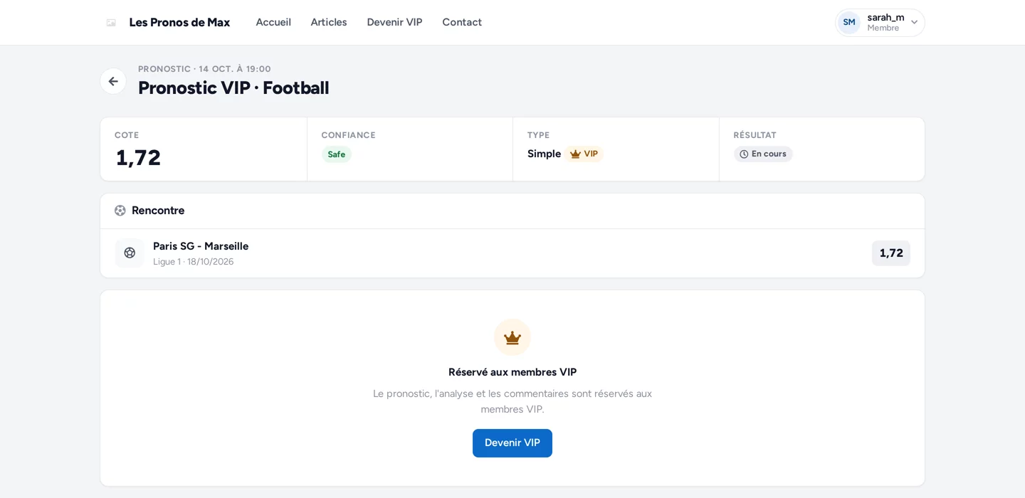 Pronostic VIP verrouillé sur un site Typsa : le visiteur voit le match, la cote et la confiance, avec le bouton Devenir VIP