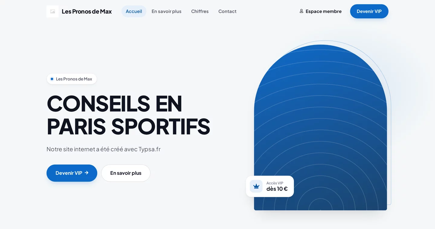 Page d'accueil d'un site de pronostics créé avec Typsa, avec le bouton Devenir VIP