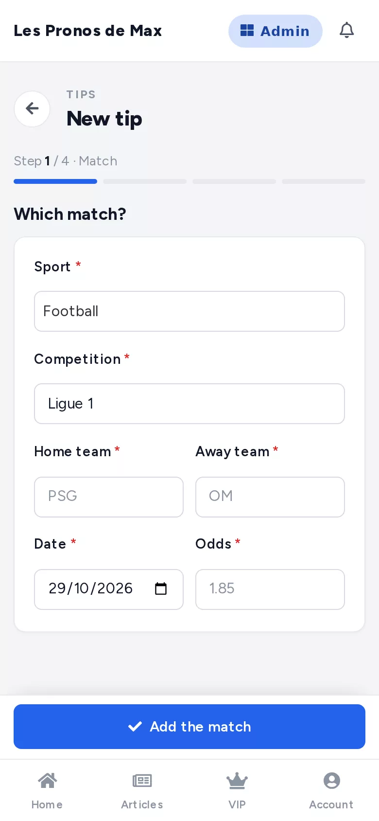 The “new tip” form in the dashboard, on a phone