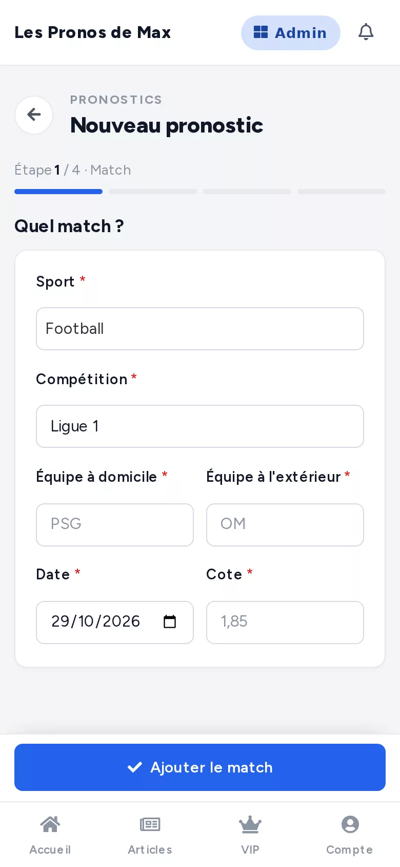 Le formulaire Nouveau pronostic dans l'administration Typsa