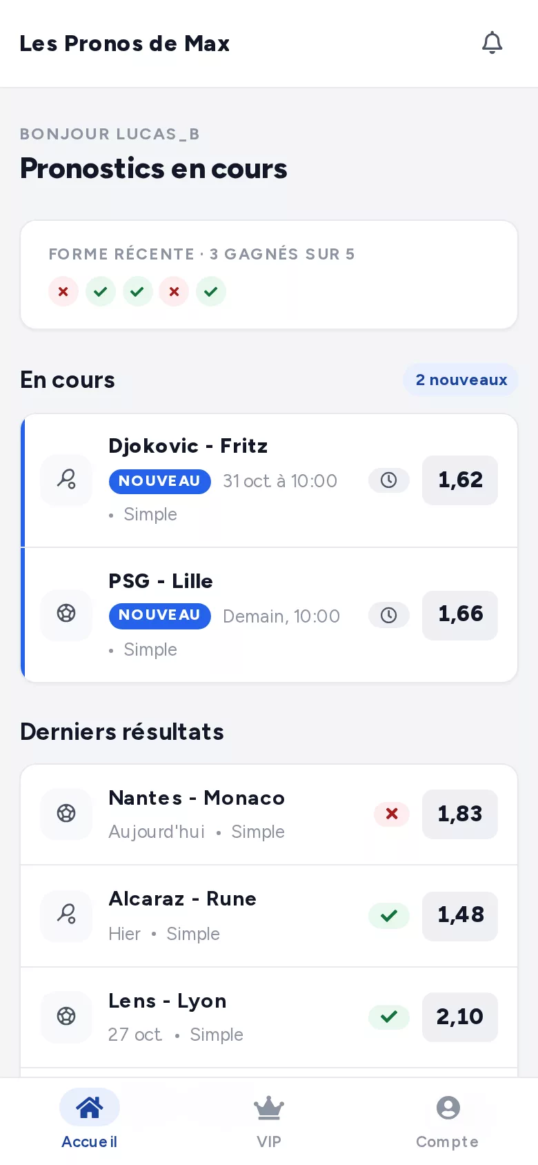 L'espace membre avec les pronostics en cours