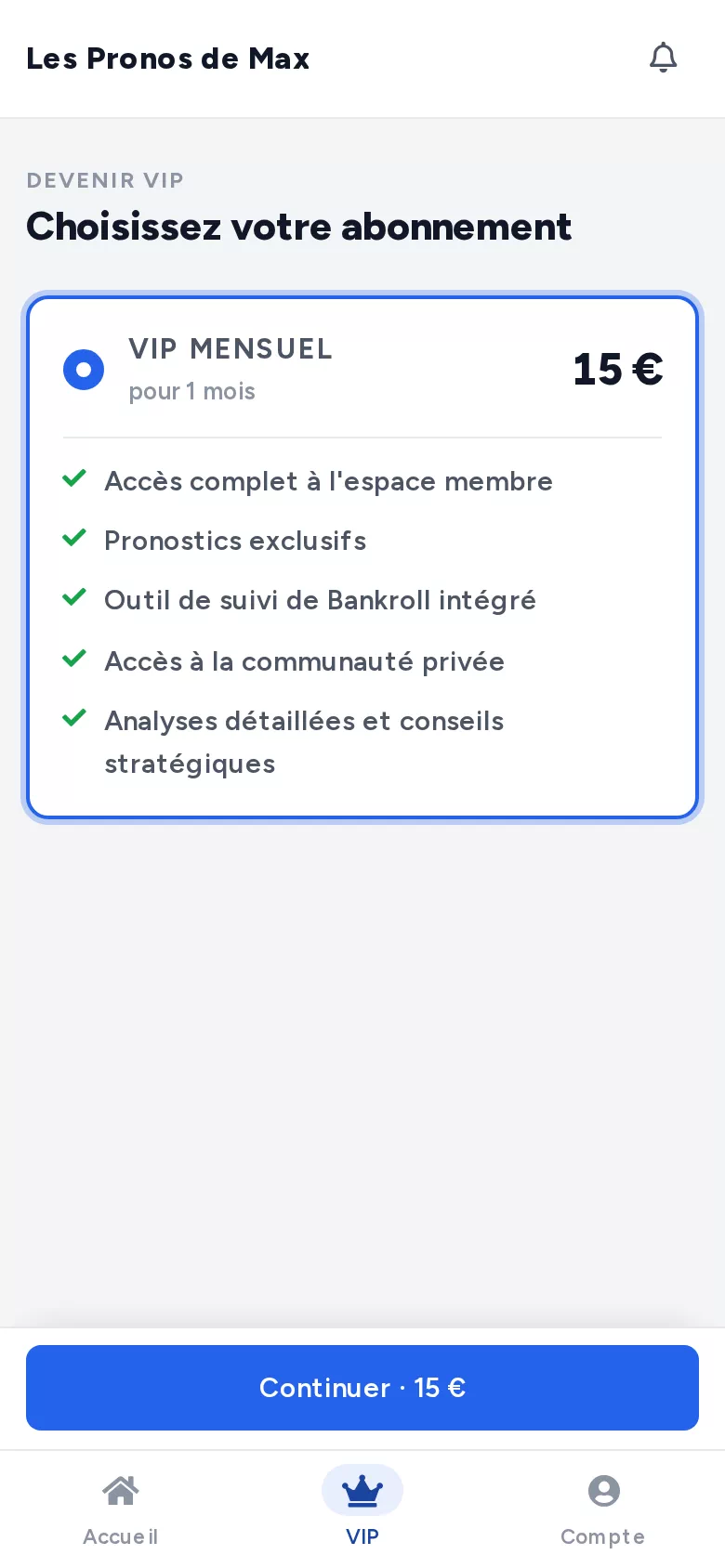 Le choix de l'offre VIP par un membre sur un site Typsa