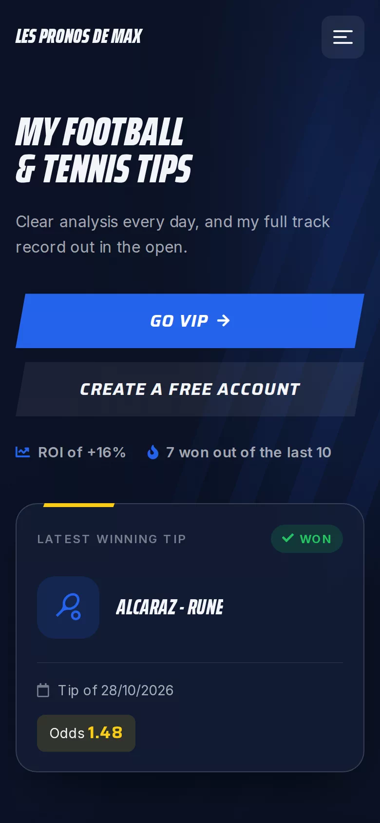 A tipster's website built with Typsa, on a phone