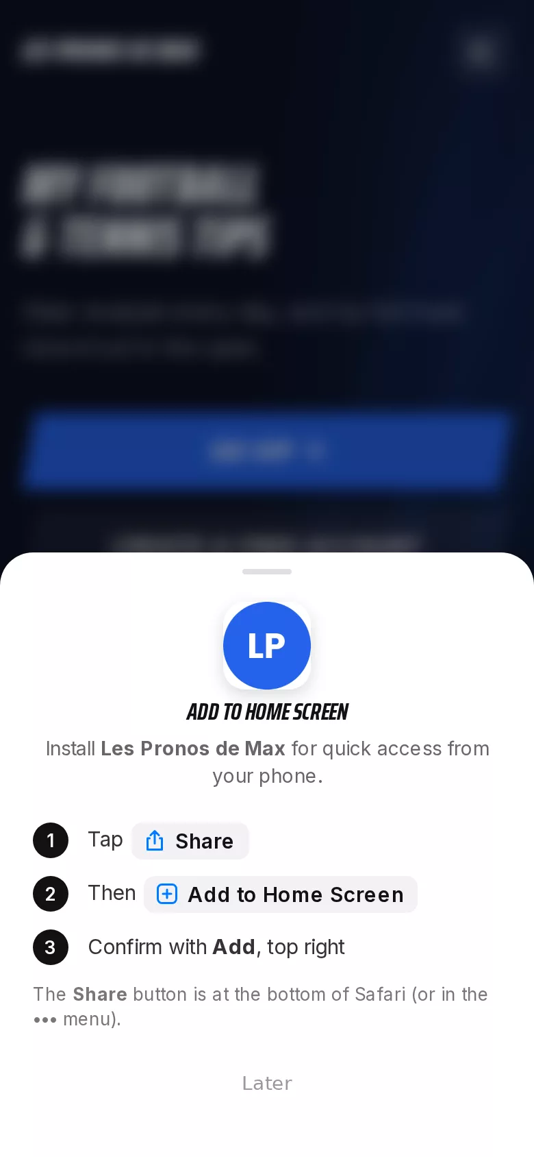 The add-to-home-screen pop-up on iPhone, over a betting tips website