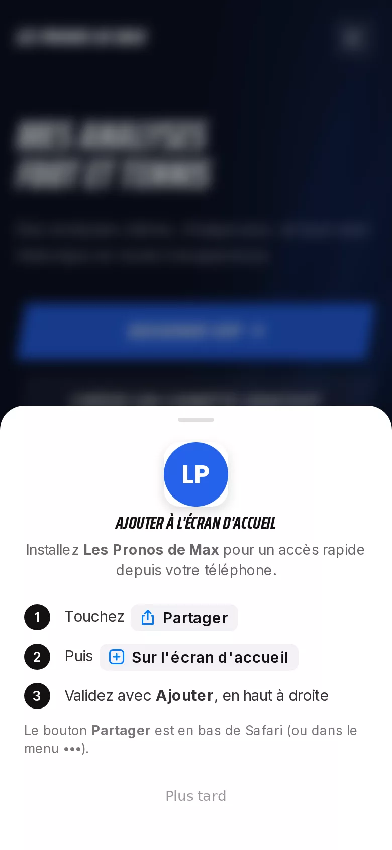 La fenêtre « Ajouter à l'écran d'accueil » sur iPhone, au-dessus du site de pronostics